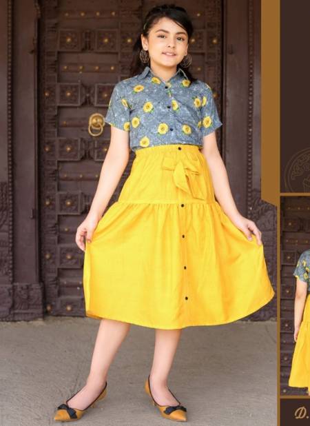 Yellow Colour New Latest Fancy Kids Wear Rayon Skirt Top Collection Vina 4